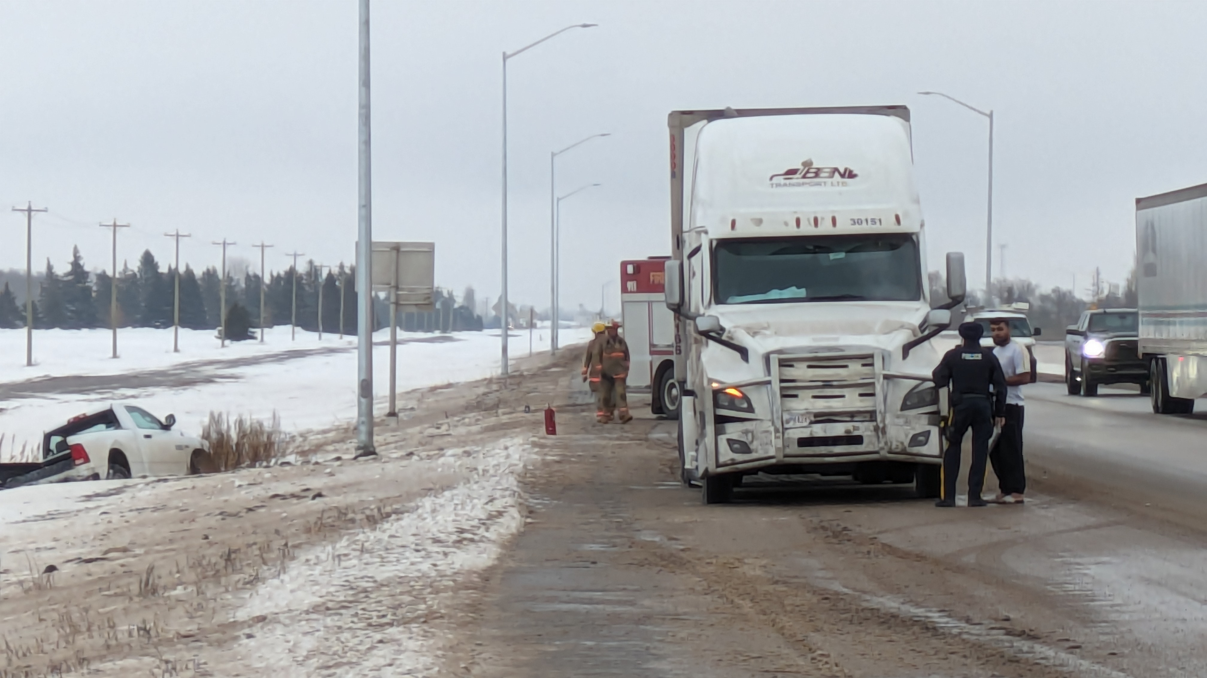 Accident involving semi and pickup just east of Portage Diversion on Hwy 1